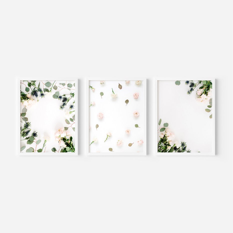 Zestaw obrazy w ramie, plakaty - kwiaty, liście, eukaliptus - rama biała
