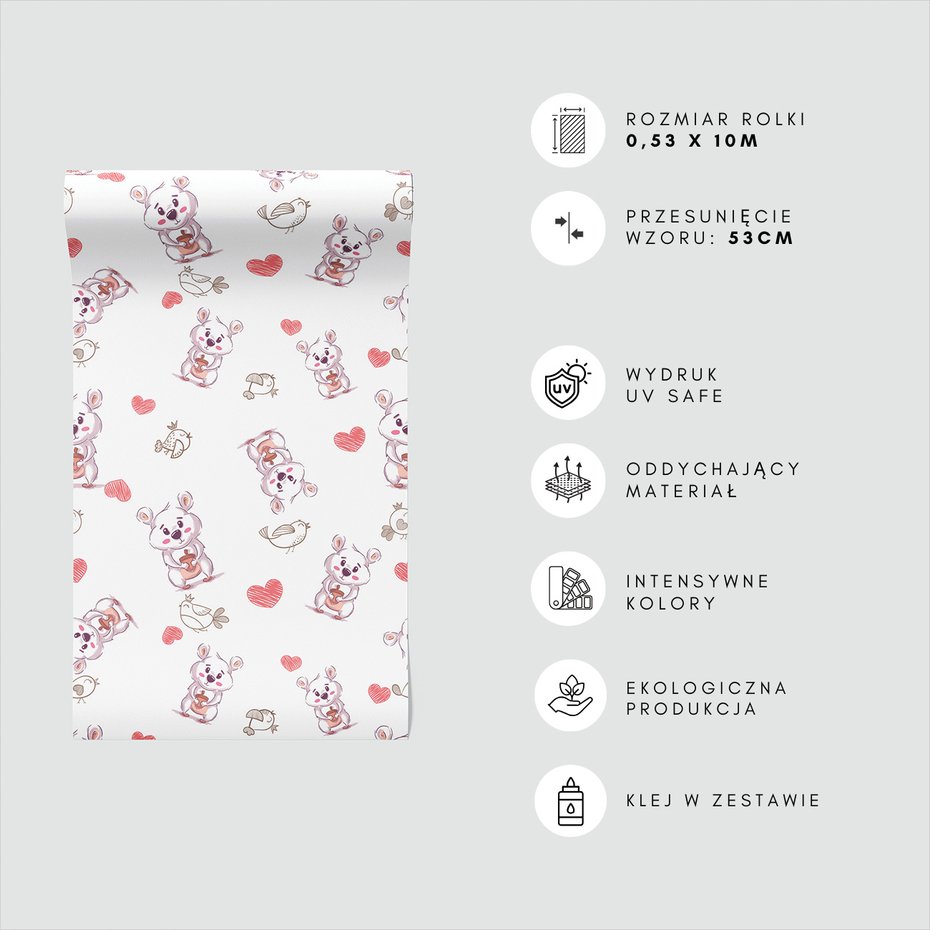 Tapeta - dziecięca, myszy, ptaki, serca