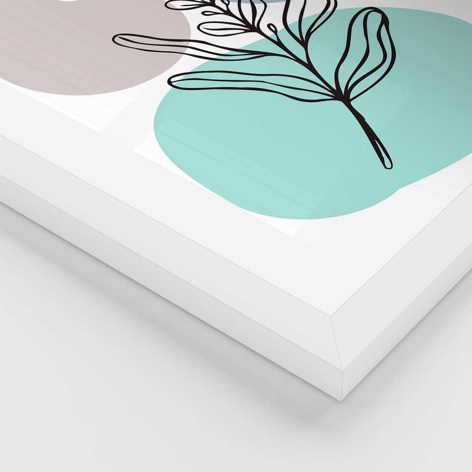 Zestaw obrazy w ramie, plakaty - liście, gałązki, abstrakcja - rama biała