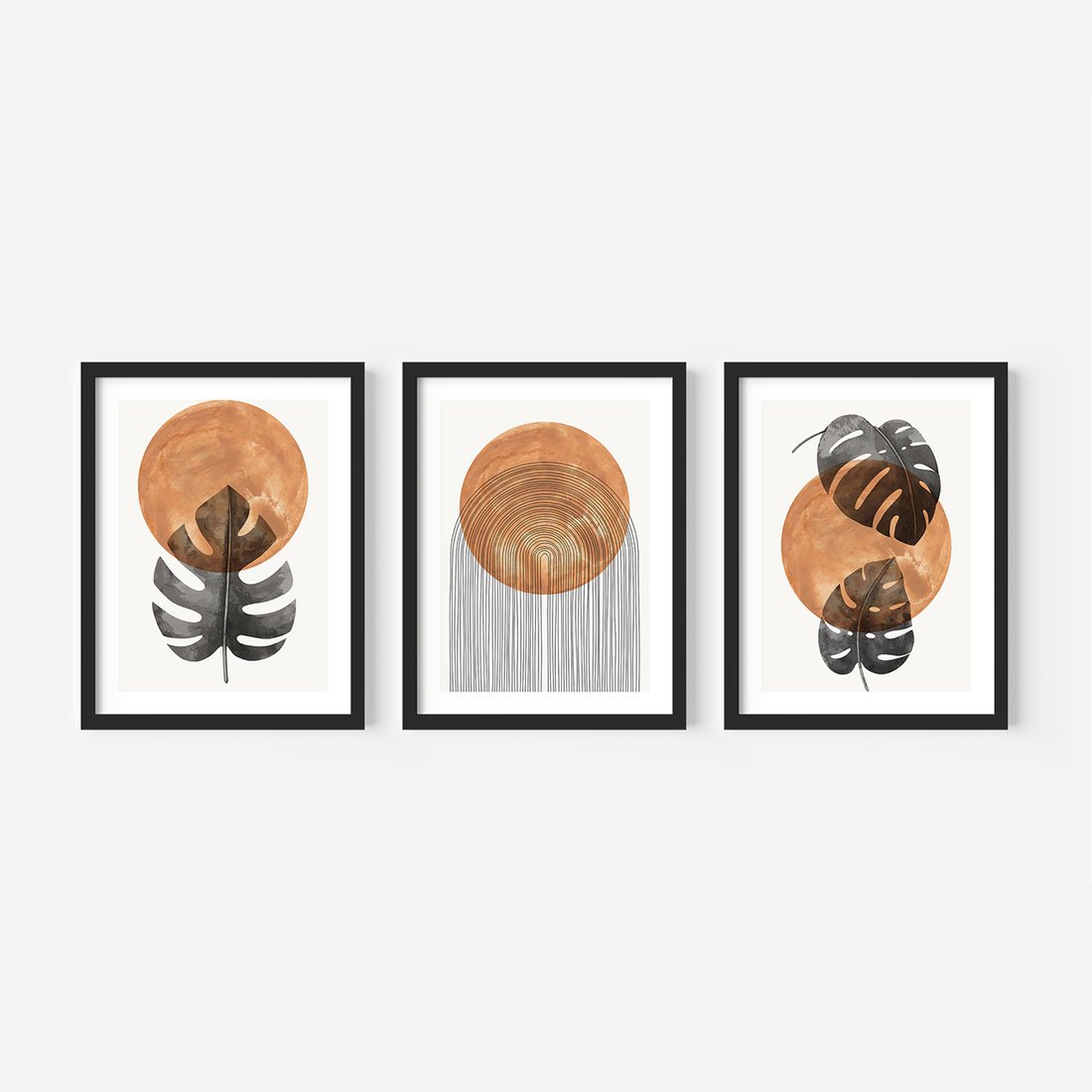 Zestaw obrazy w ramie, plakaty - liście, abstrakcja, okrąg - rama czarna