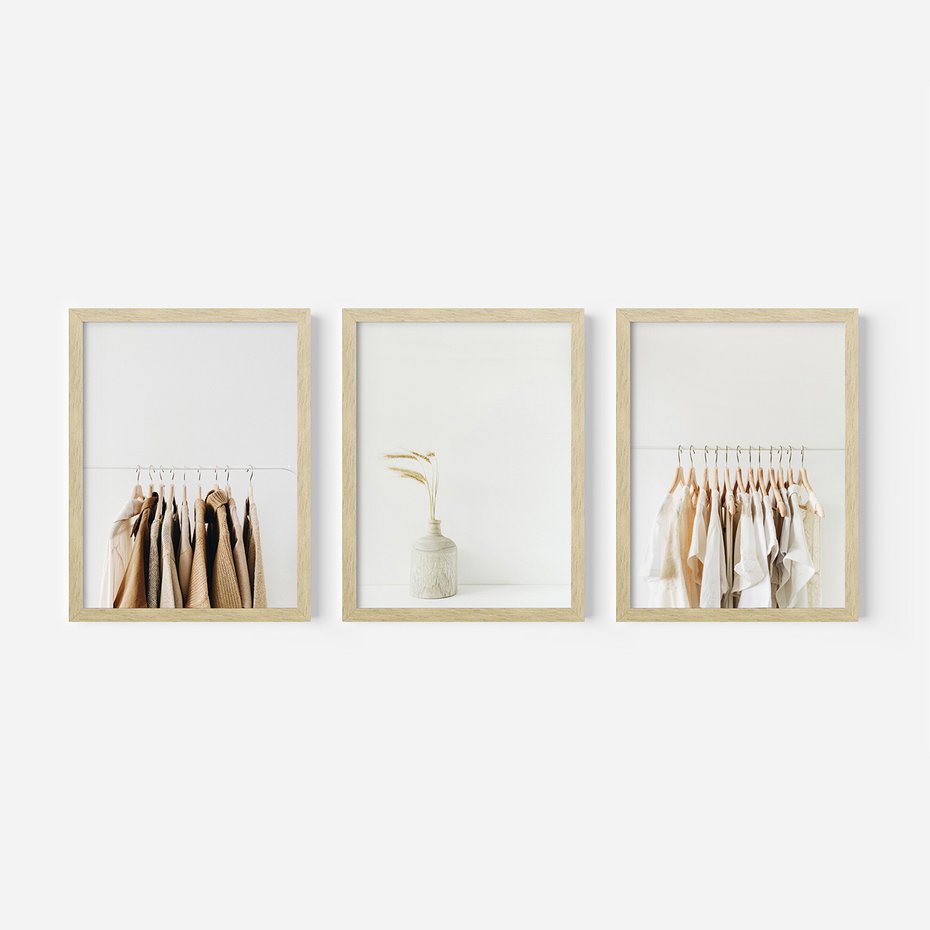 Zestaw obrazy w ramie, plakaty - ubrania, wazon, beżowy - rama drewno