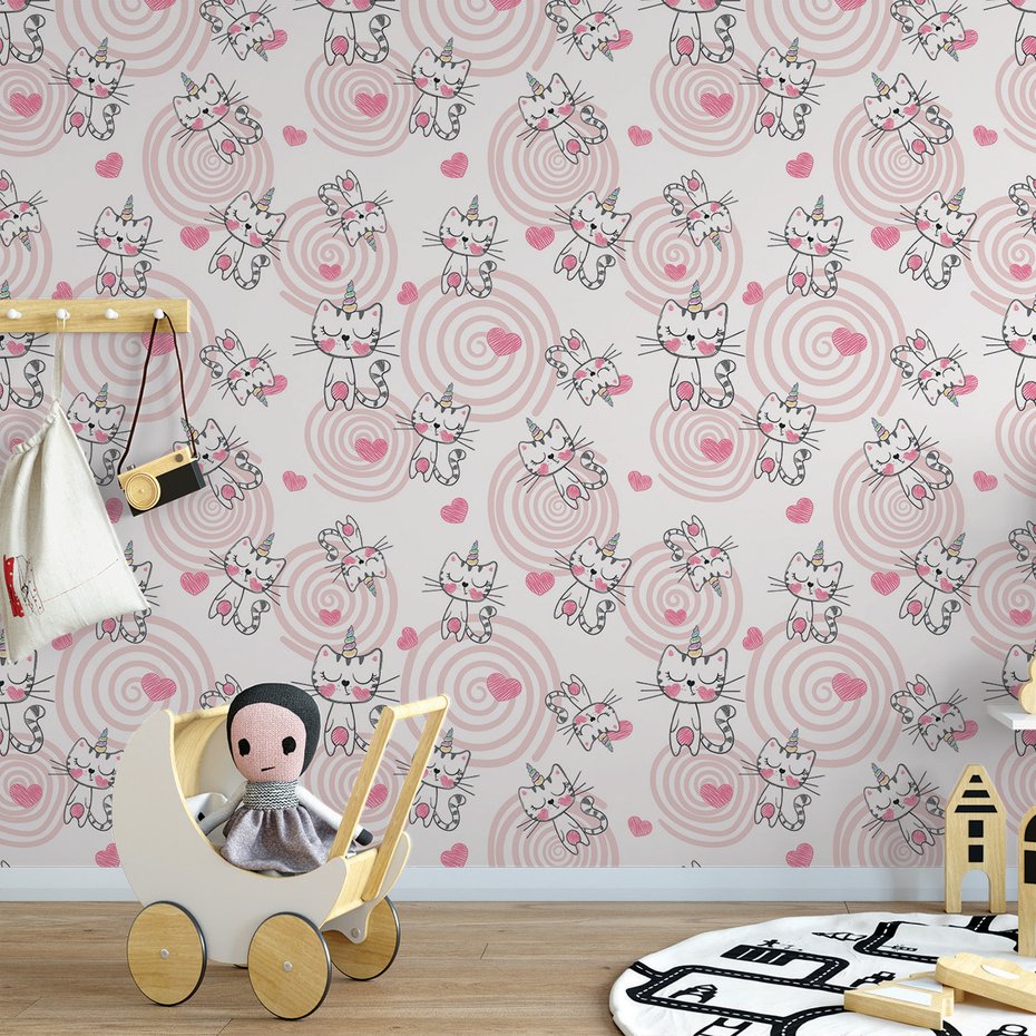 Tapeta - dziecięca, koty, jednorożce, serca