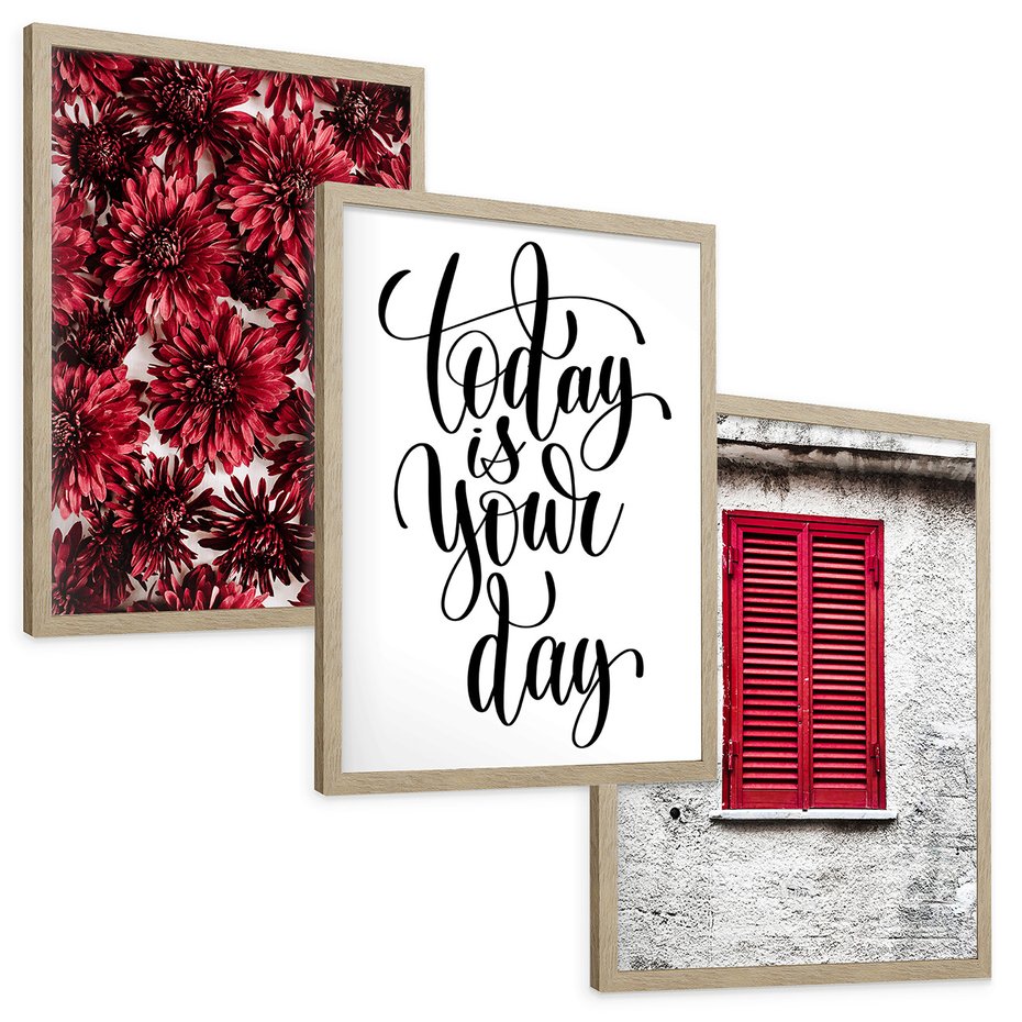 Zestaw obrazy w ramie, plakaty - kwiaty, okno, typografia - rama drewno