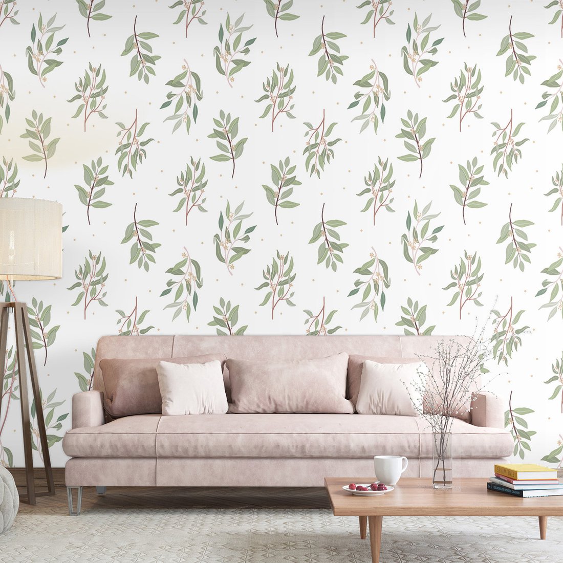 Tapeta - liście, gałązki, kropki