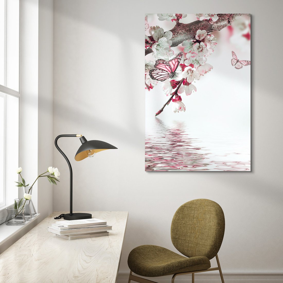 Obraz na płótnie - kwiaty, motyle, woda
