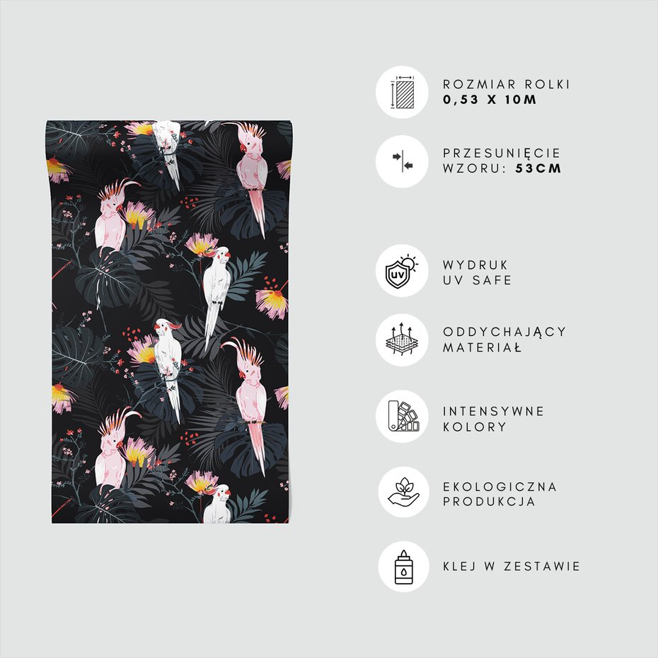 Tapeta - liście, papugi, kwiaty