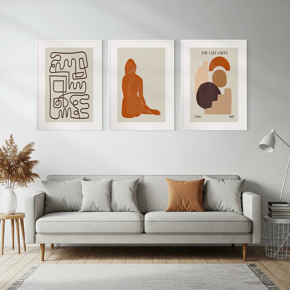 Zestaw obrazy w ramie, plakaty - abstrakcja,linie,figury - rama biała