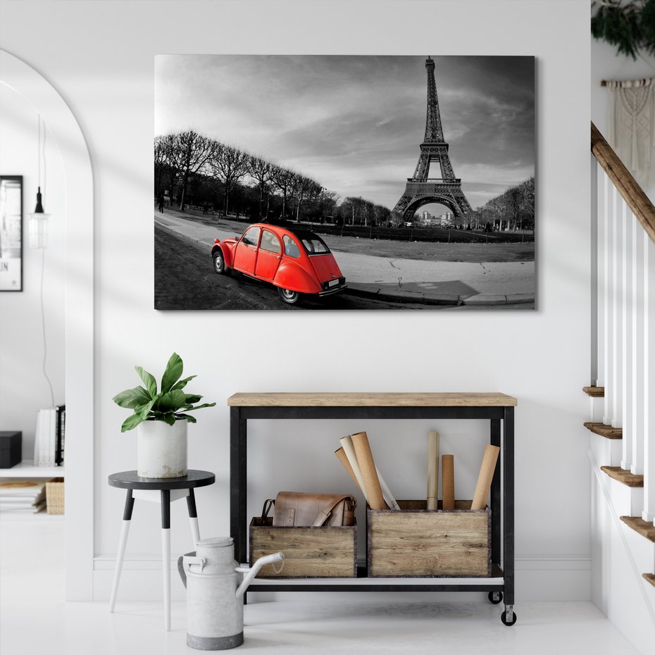 Obraz na płótnie - Paryż, wieża Eiffla, samochód
