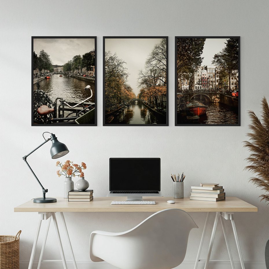 Zestaw obrazy w ramie, plakaty - Amsterdam, kanał, miasto - rama czarna