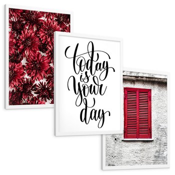 Zestaw obrazy w ramie, plakaty - kwiaty, okno, typografia - rama biała