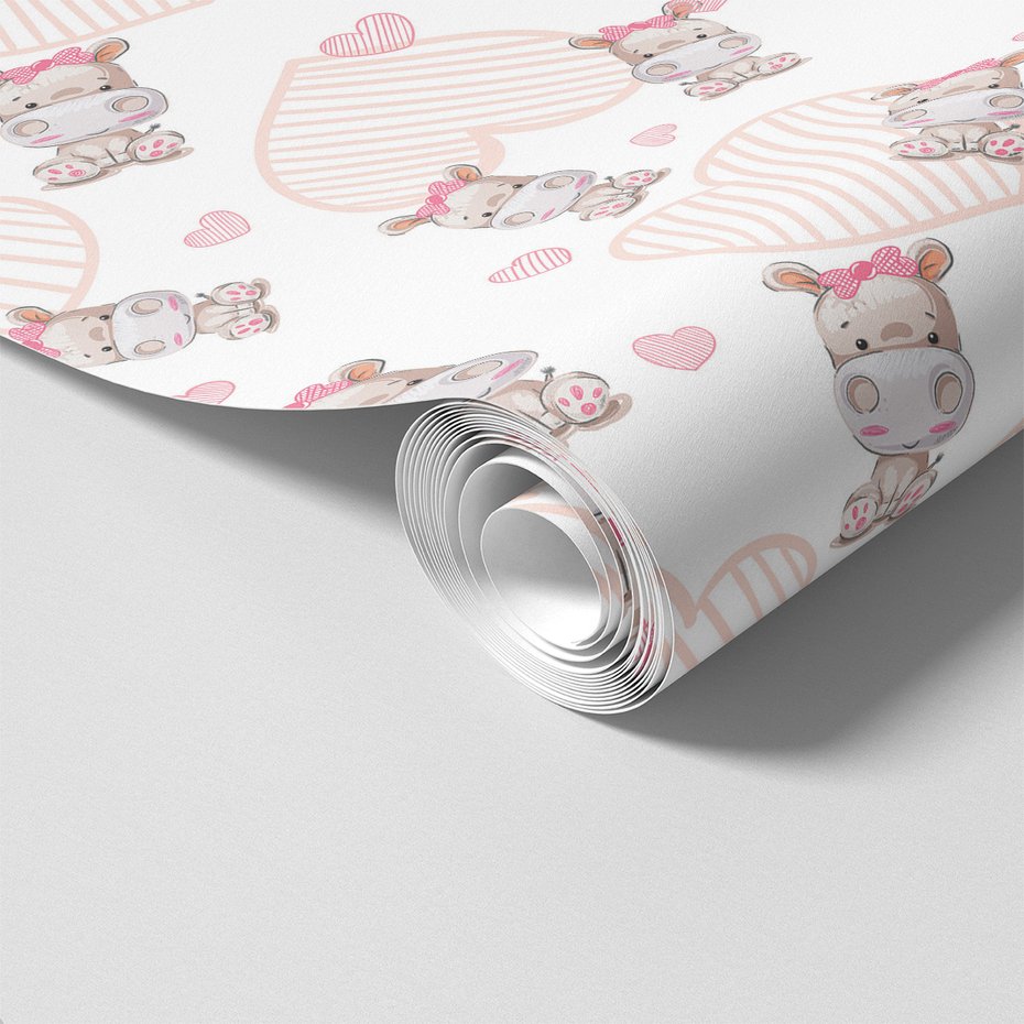 Tapeta - dziecięca, hipopotam, serca, kokardka