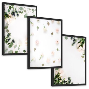 Zestaw obrazy w ramie, plakaty - kwiaty, liście, eukaliptus - rama czarna