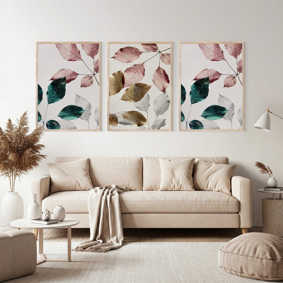 Zestaw obrazy w ramie, plakaty - liście, pastelowe, botaniczne - rama drewno