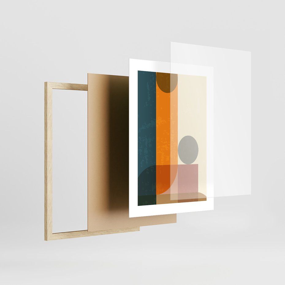 Zestaw obrazy w ramie, plakaty - geometryczne, abstrakcja, minimalizm - rama drewno