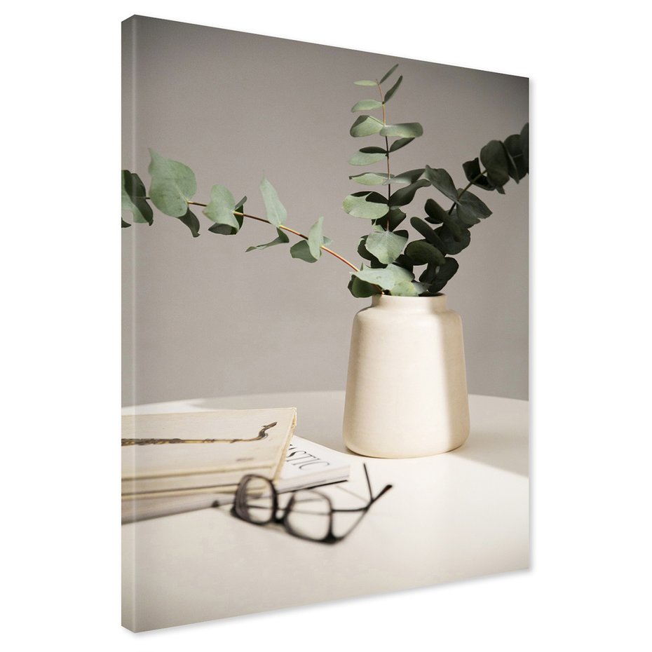 Obraz na płótnie - eukaliptus, wazon, książki