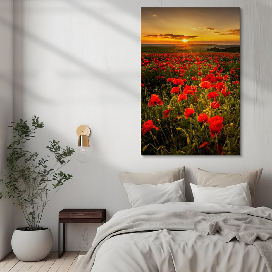 Obraz na płótnie - maki, pole, zachód słońca