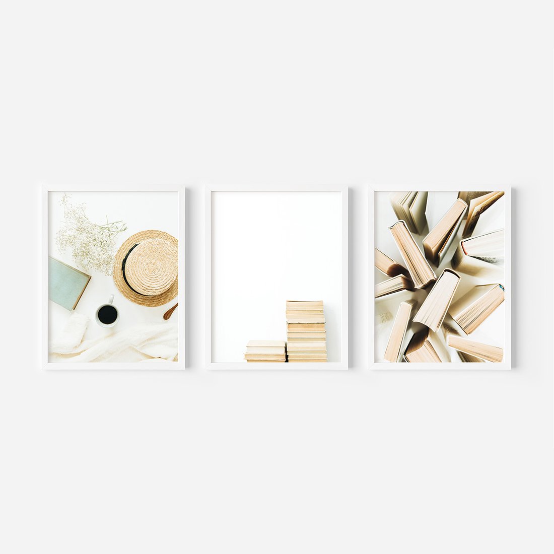 Zestaw obrazy w ramie, plakaty - książki, kapelusz, kwiaty - rama biała