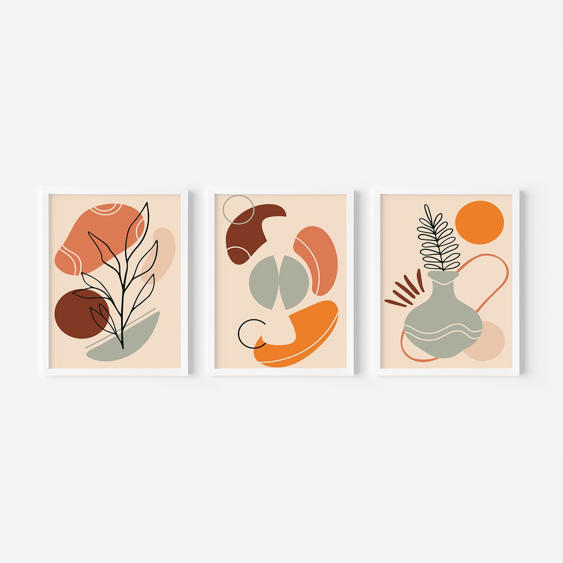 Zestaw obrazy w ramie, plakaty - abstrakcja, liście, rośliny - rama biała