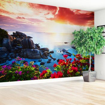 Fototapeta - morze, skały, kwiaty