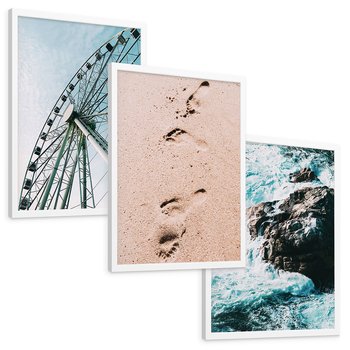 Zestaw obrazy w ramie, plakaty - atrakcje, piasek, morze - rama biała