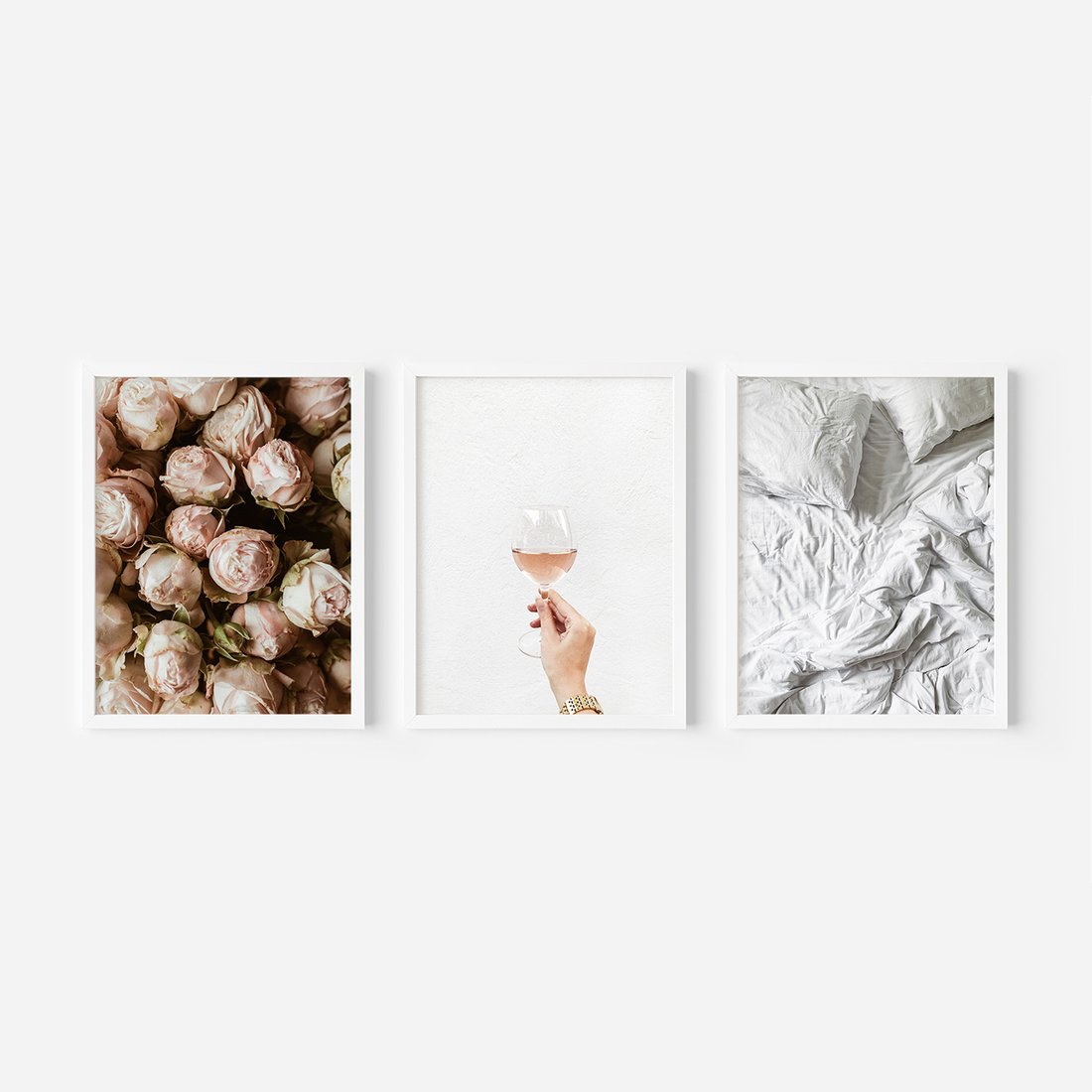 Zestaw obrazy w ramie, plakaty - róże, wino, pościel - rama biała