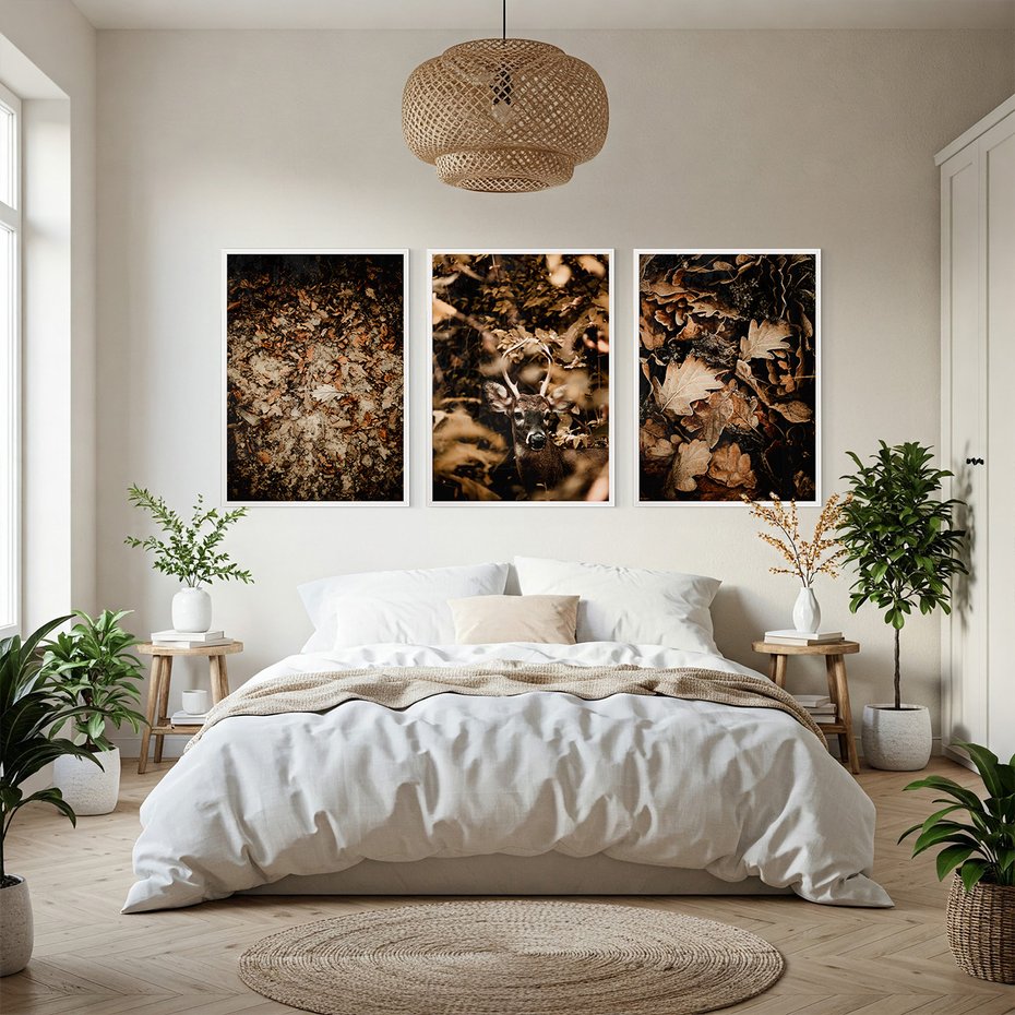 Zestaw obrazy w ramie, plakaty - liście,jeleń,las - rama biała