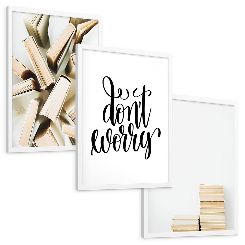 Zestaw obrazy w ramie, plakaty - książki, edukacja, tekst - rama biała