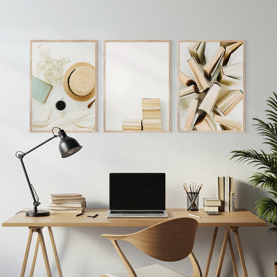 Zestaw obrazy w ramie, plakaty - książki, kapelusz, kwiaty - rama drewno
