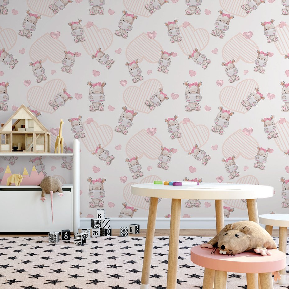 Tapeta - dziecięca, hipopotam, serca, kokardka