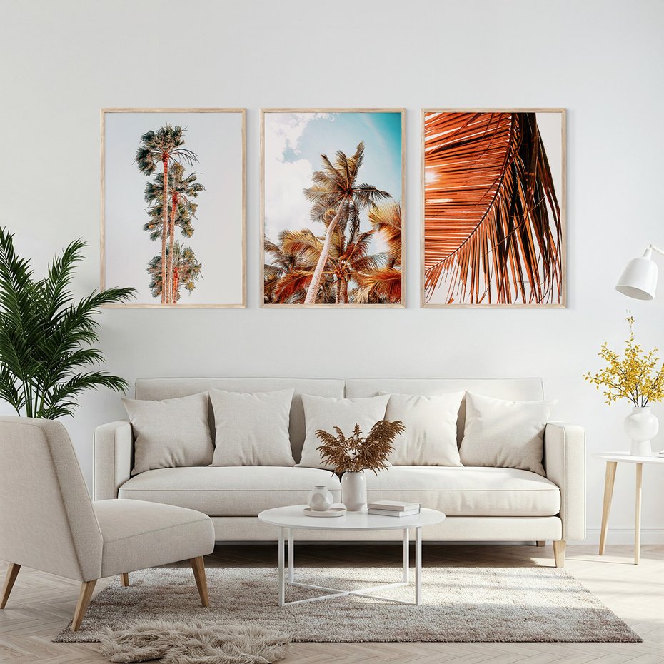 Zestaw obrazy w ramie, plakaty - palmy, tropikalny, lato - rama drewno
