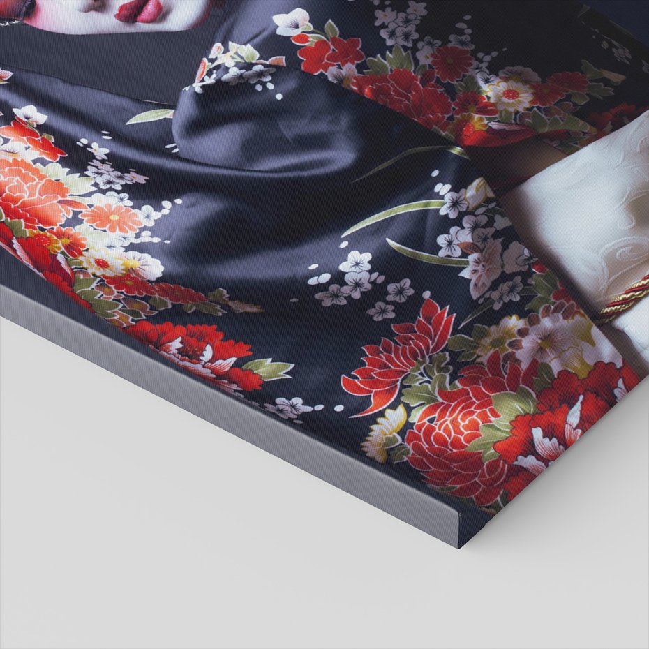 Obraz na płótnie - gejsza, kwiaty, kimono