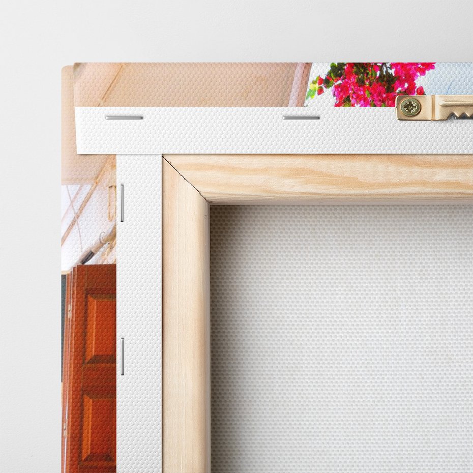 Obraz na płótnie - uliczka, kwiaty, białe budynki