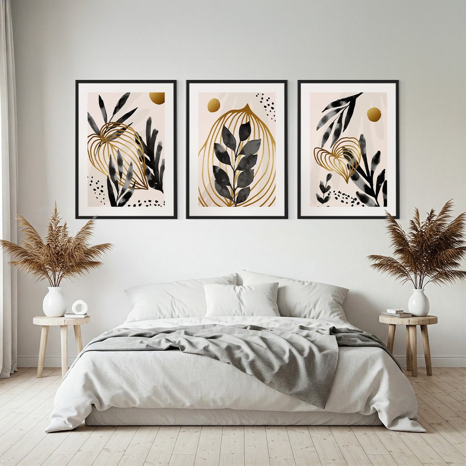 Zestaw obrazy w ramie, plakaty - liście, złoto, abstrakcja - rama czarna