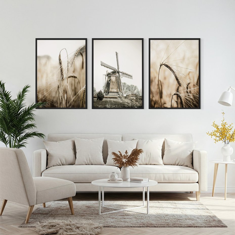 Zestaw obrazy w ramie, plakaty - pole, wieś, żniwa - rama czarna