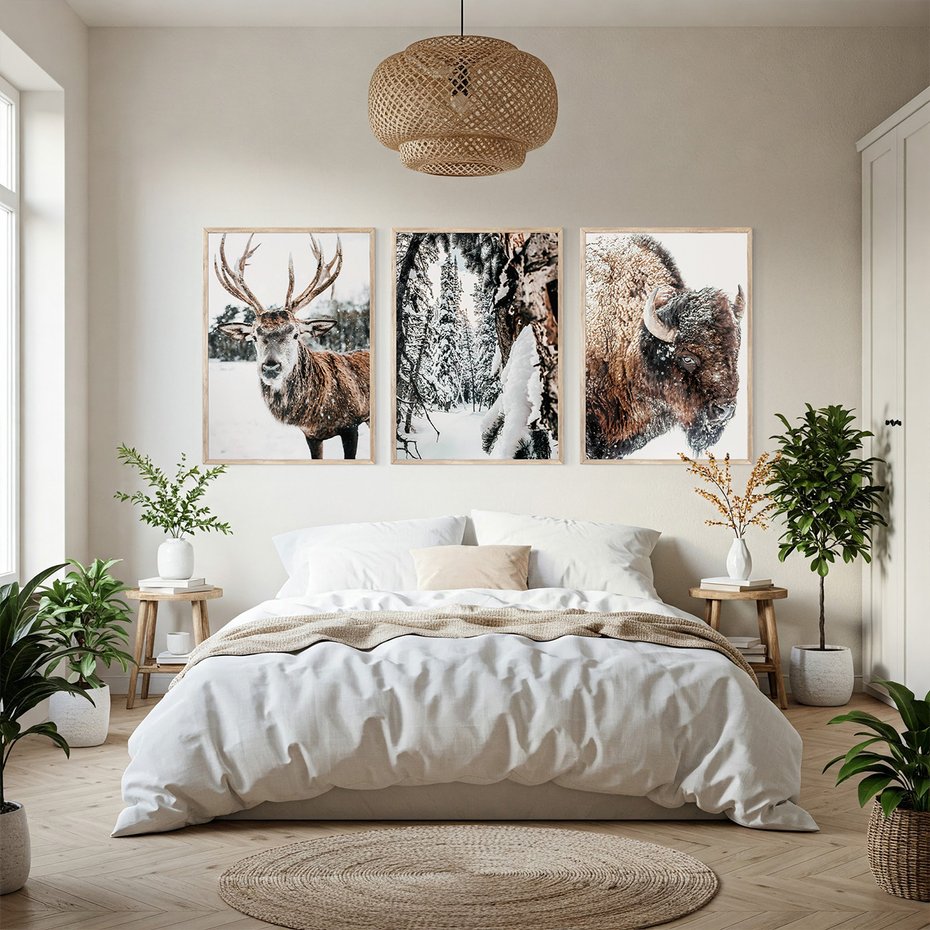 Zestaw obrazy w ramie, plakaty - zwierzęta, zima, śnieg - rama drewno