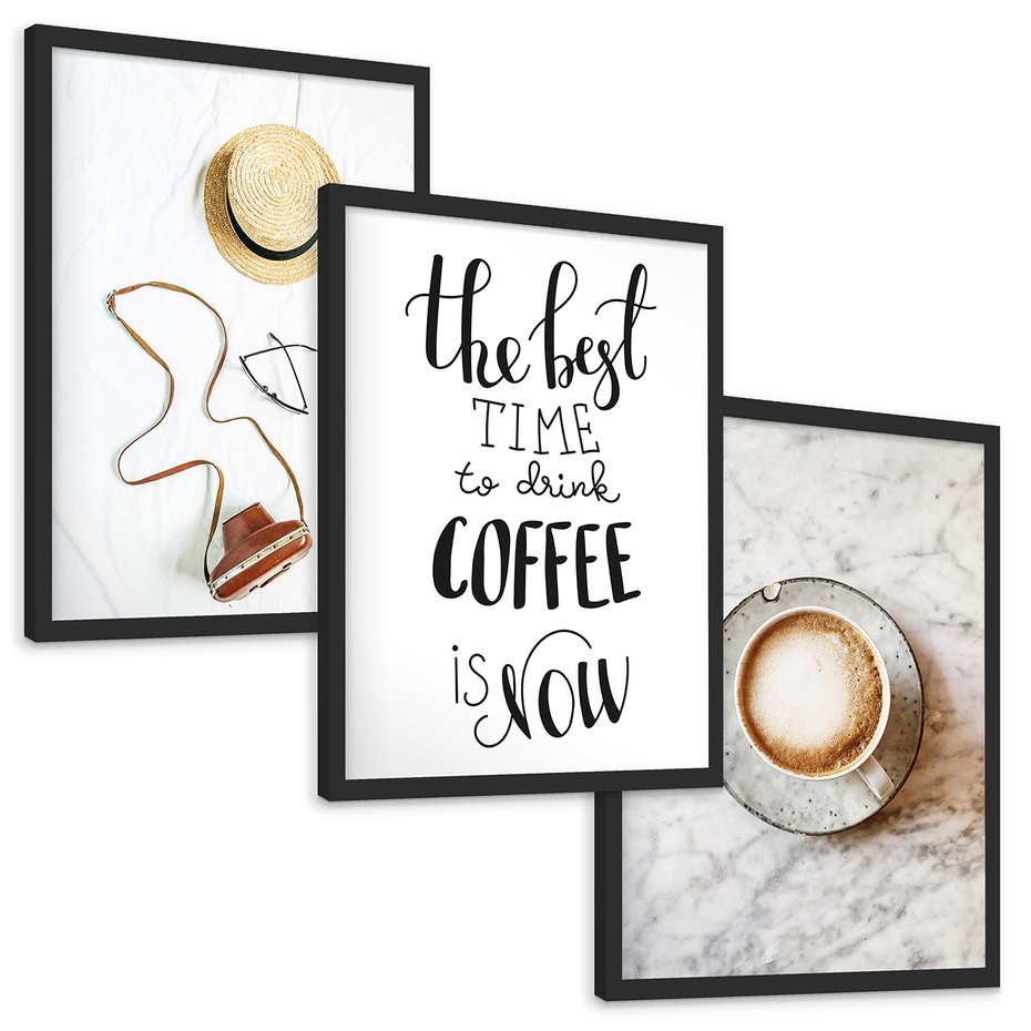 Zestaw obrazy w ramie, plakaty - vintage, kawa, tekst - rama czarna