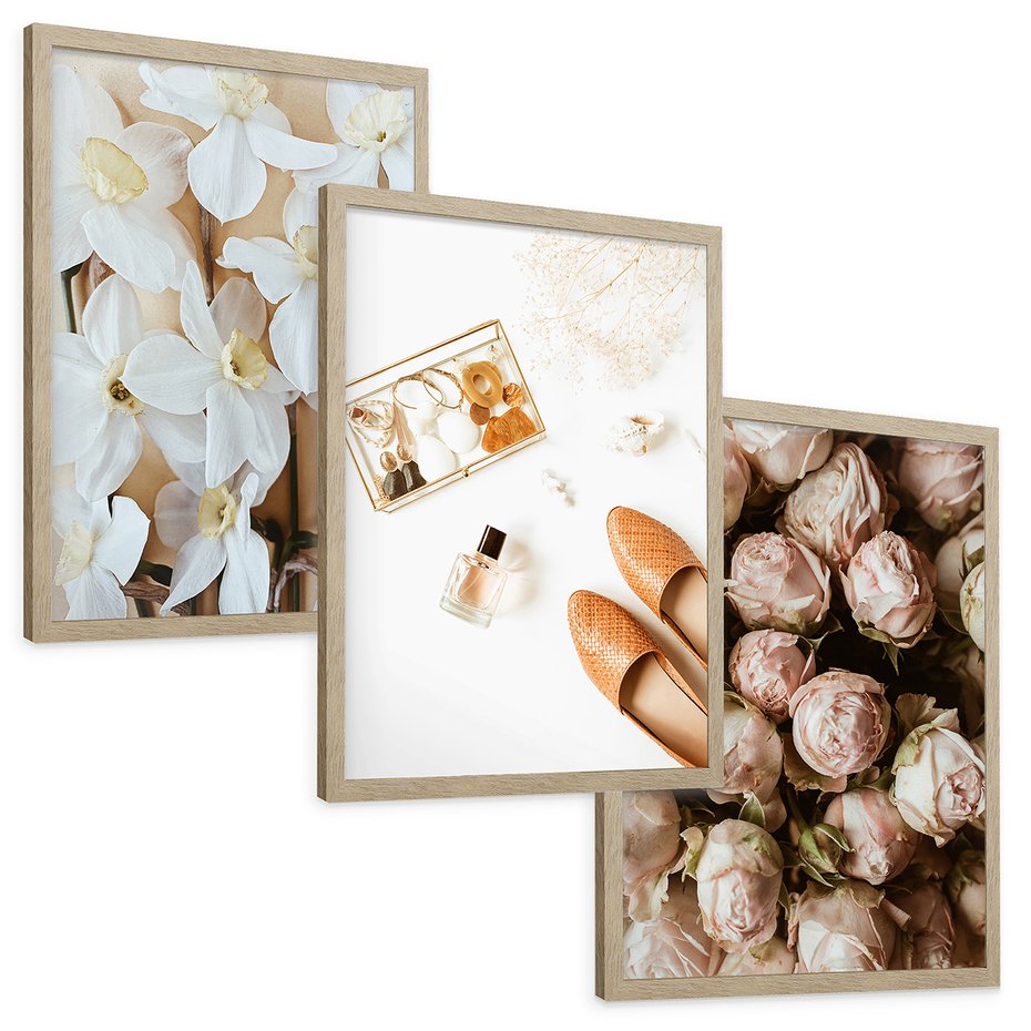Zestaw obrazy w ramie, plakaty - kwiaty,róże,perfumy - rama drewno