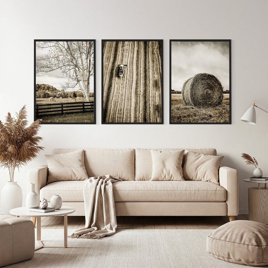 Zestaw obrazy w ramie, plakaty - wieś, pole, siano, - rama czarna