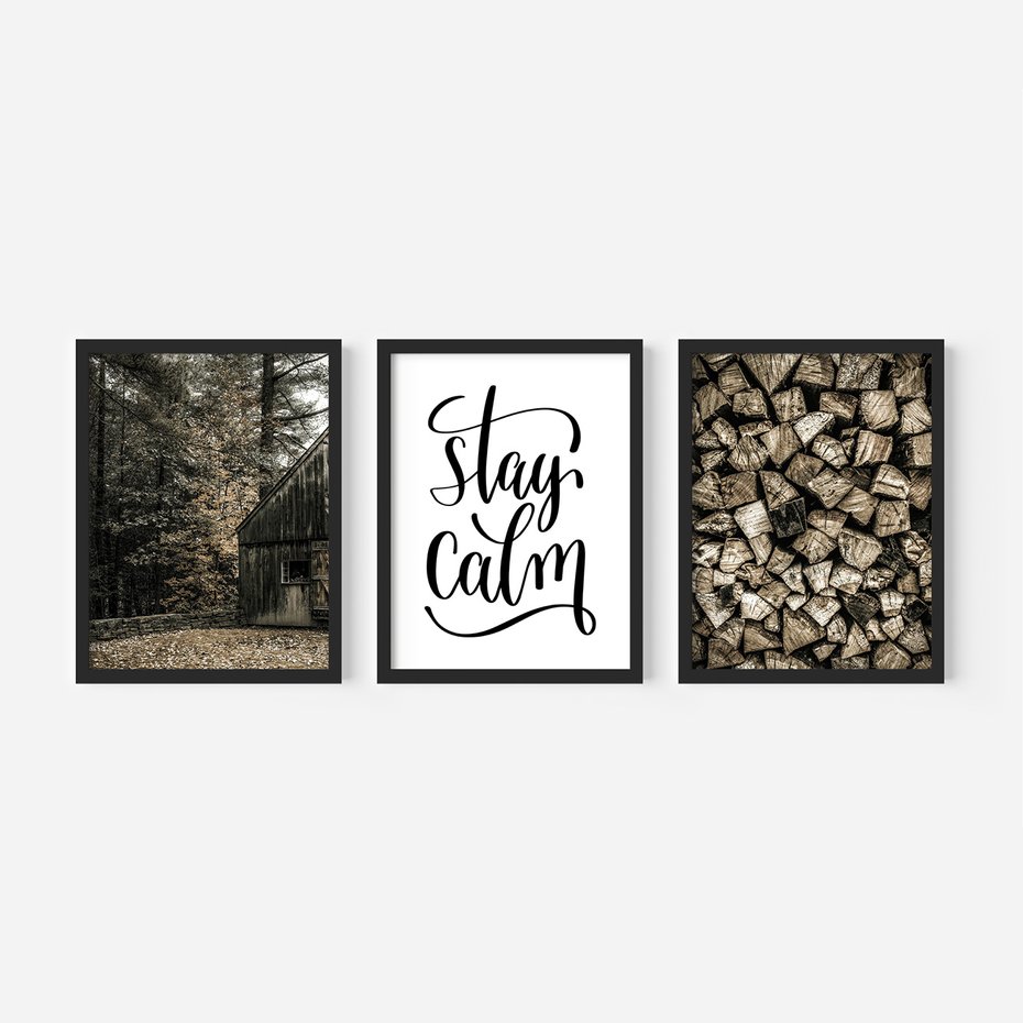 Zestaw obrazy w ramie, plakaty - drewno,domek,las - rama czarna