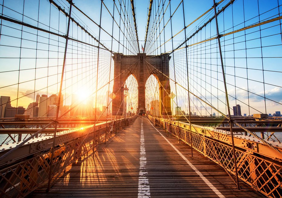 Fototapeta - most, miasto, wschód słońca