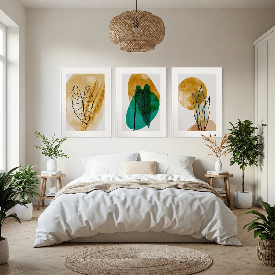 Zestaw obrazy w ramie, plakaty - liście, abstrakcja, rośliny - rama biała