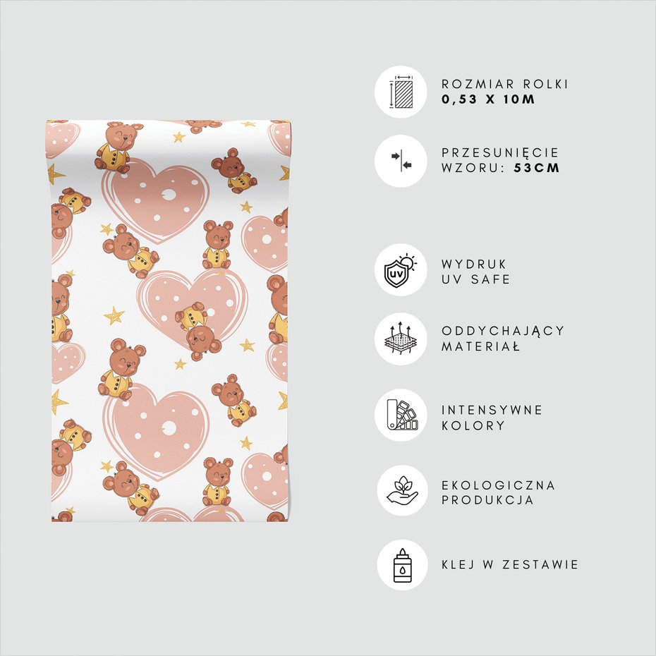 Tapeta - dziecięca, misie, serca, gwiazdy