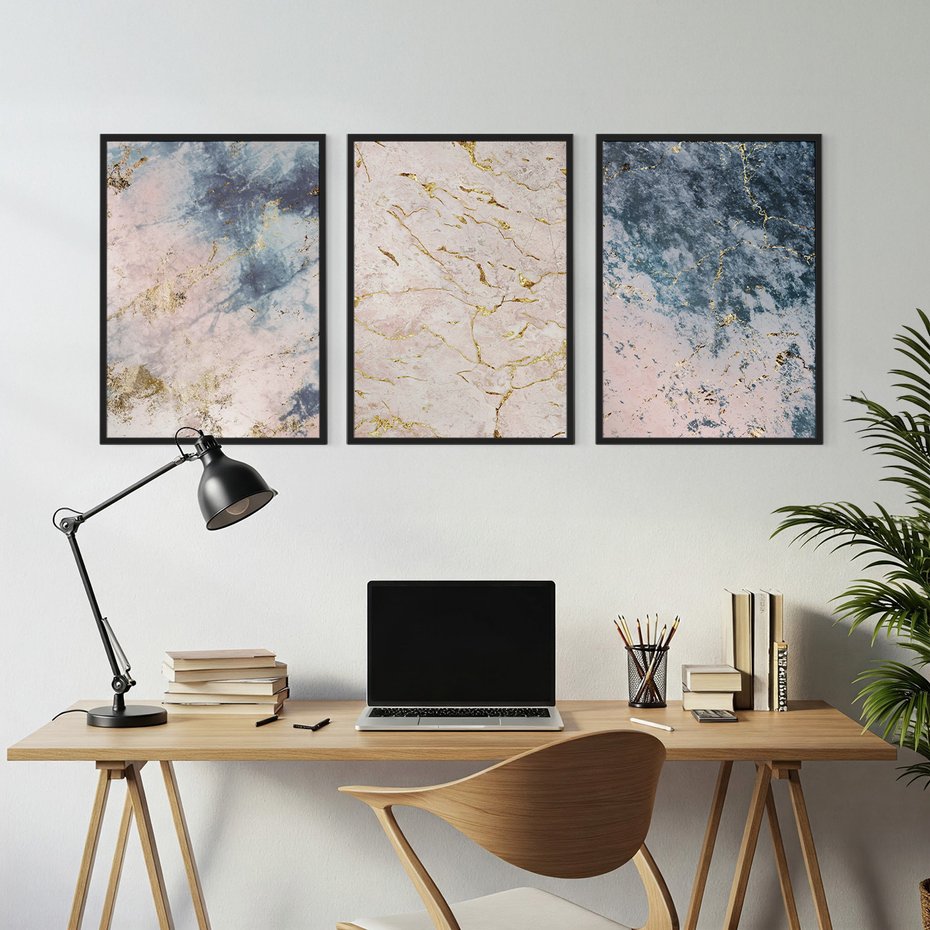 Zestaw obrazy w ramie, plakaty - marmur, złoto, abstrakcja - rama czarna