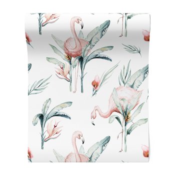Tapeta - flamingo, liście, kwiaty