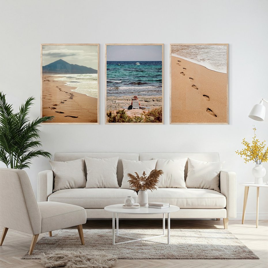 Zestaw obrazy w ramie, plakaty - plaża, morze, piasek - rama drewno