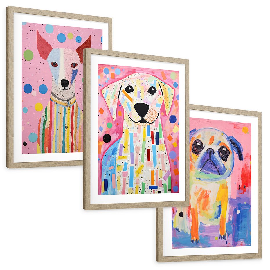 Zestaw obrazy w ramie, plakaty - zwierzęta, psy, kolorowe - rama drewno