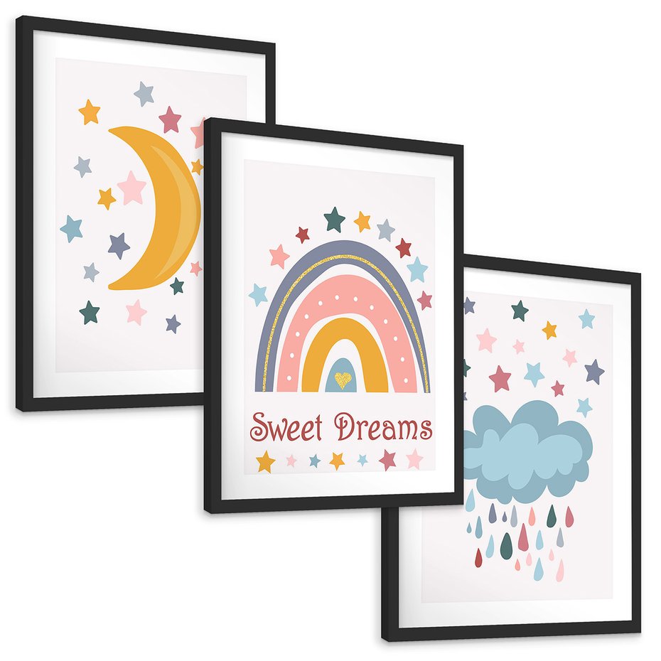 Zestaw obrazy w ramie, plakaty - gwiazdy, księżyc, tęcza - rama czarna