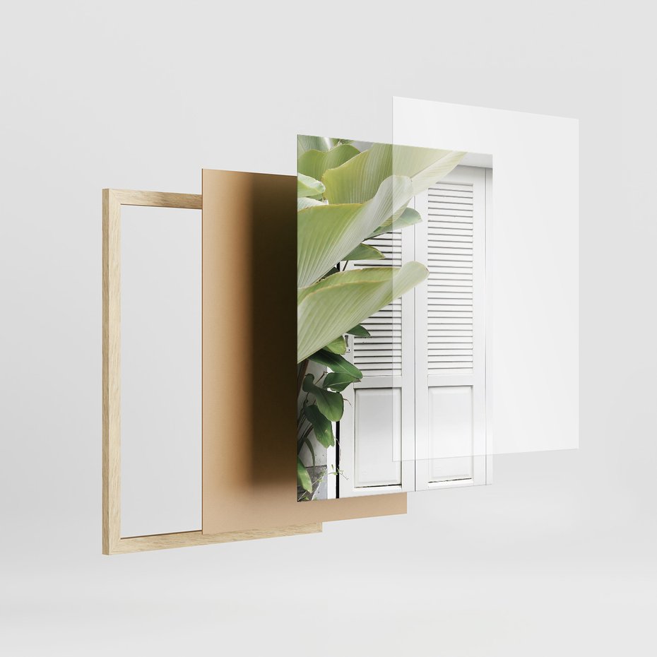 Zestaw obrazy w ramie, plakaty - liście, okno, ściana - rama drewno