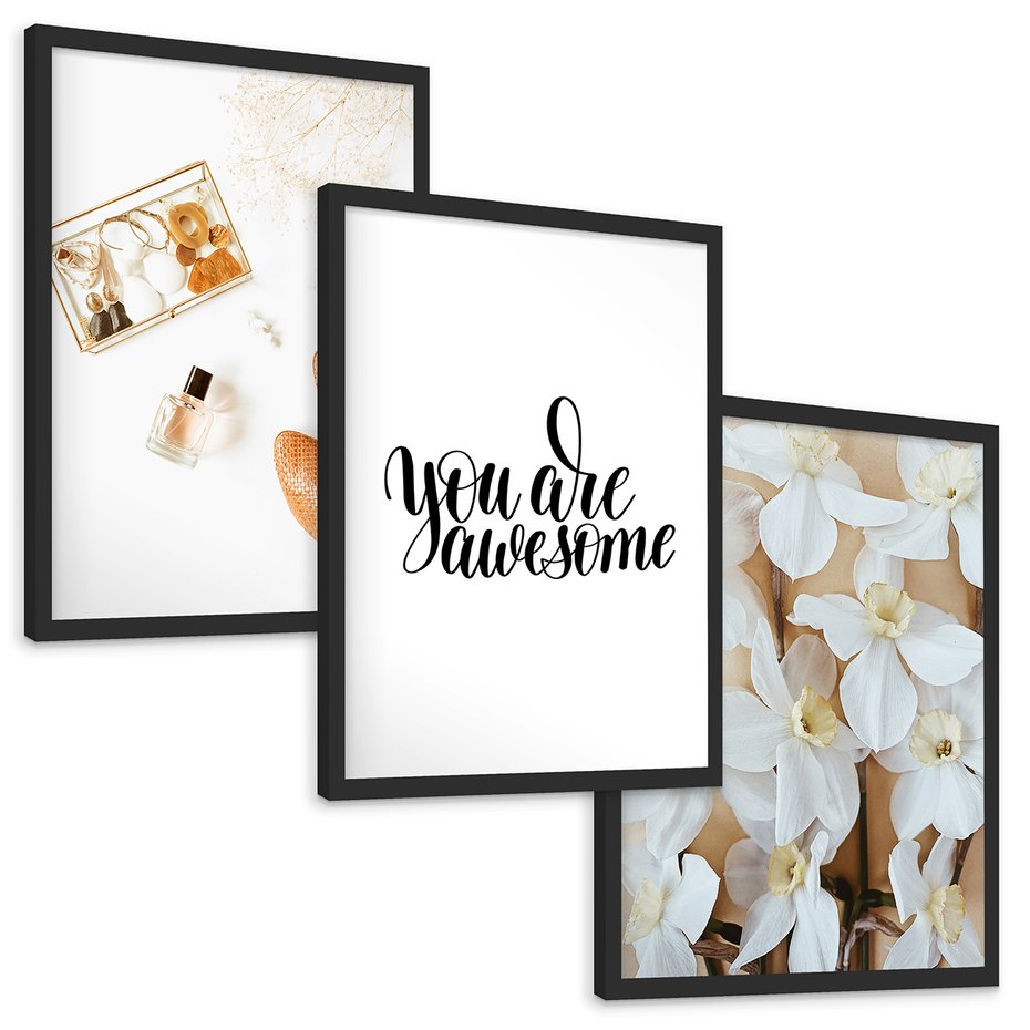 Zestaw obrazy w ramie, plakaty - kwiaty, akcesoria, buty - rama czarna