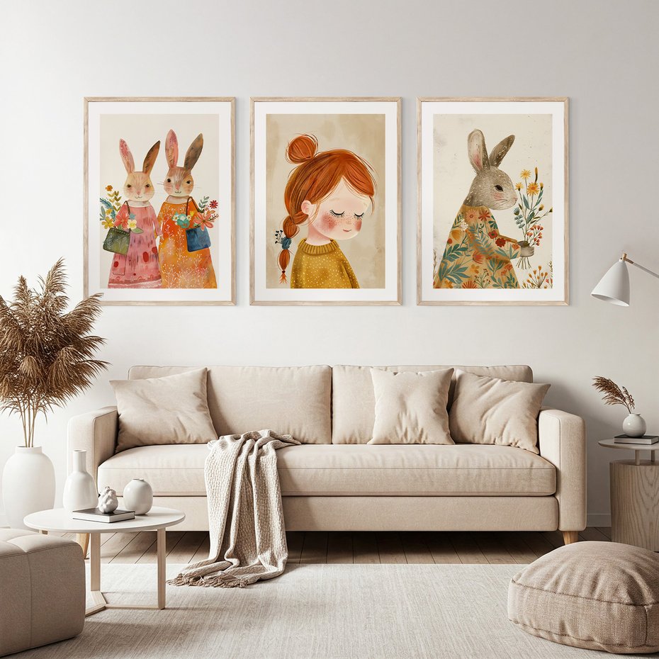Zestaw obrazy w ramie, plakaty - króliki, dziewczynka, kwiaty - rama drewno